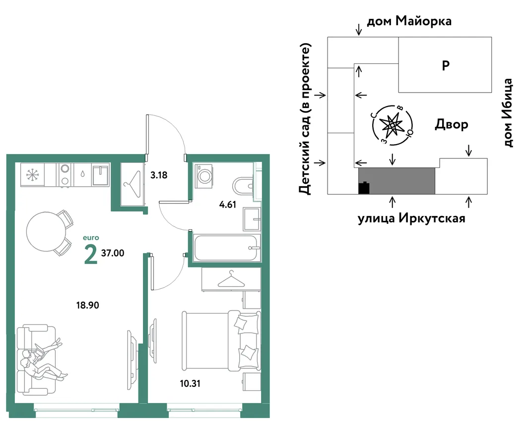 Планировка 2-комн. квартира, 37 м² ЖК «Остров-сад»