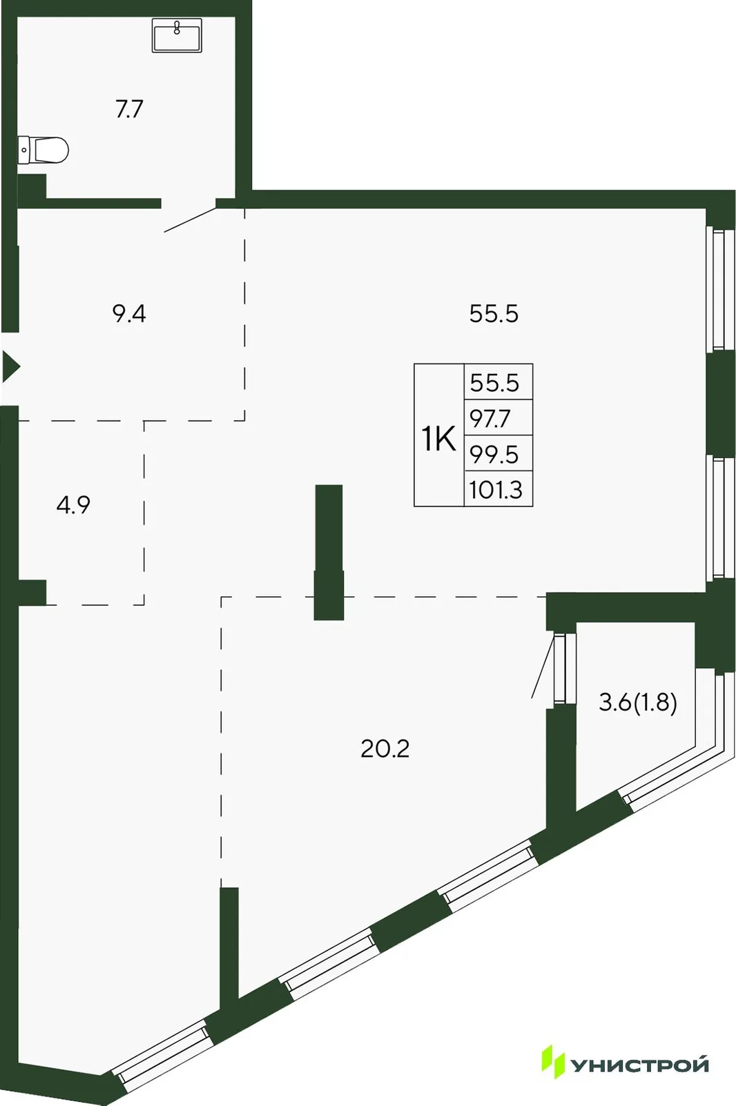 Планировка 1-комн. квартира, 99.5 м² ЖК «Парковый квартал 2.0»
