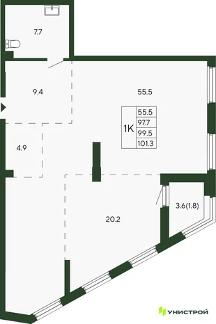 Планировка 1-комн. квартира, 99.5 м² ЖК «Парковый квартал 2.0»