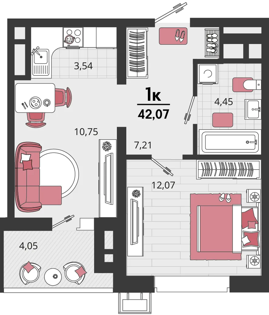 Планировка 2-комн. квартира, 42.07 м² ЖК «Родные просторы»