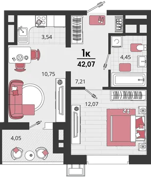 Планировка 2-комн. квартира, 42.07 м² ЖК «Родные просторы»