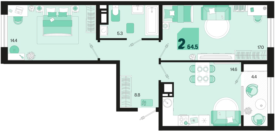 Планировка 2-комн. квартира, 64.5 м² ЖК «Первое место»