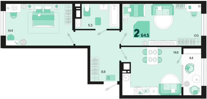 Планировка 2-комн. квартира, 64.5 м² ЖК «Первое место» Планировка 2-комн. квартира, 64.5 м² ЖК «Первое место»