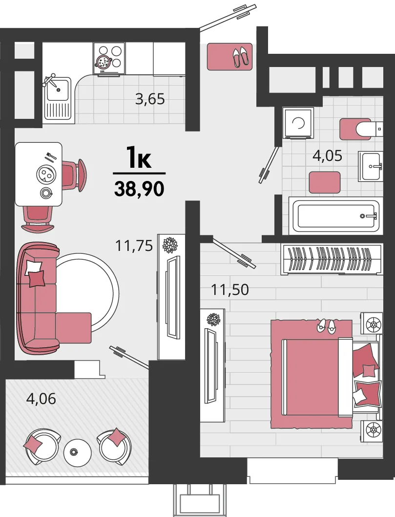 Планировка 2-комн. квартира, 38.9 м² ЖК «Родные просторы»