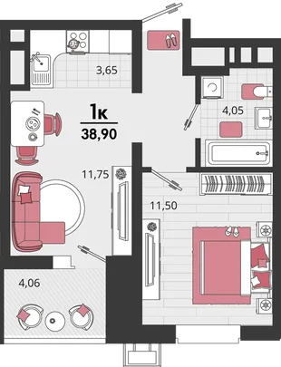 Планировка 2-комн. квартира, 38.9 м² ЖК «Родные просторы»