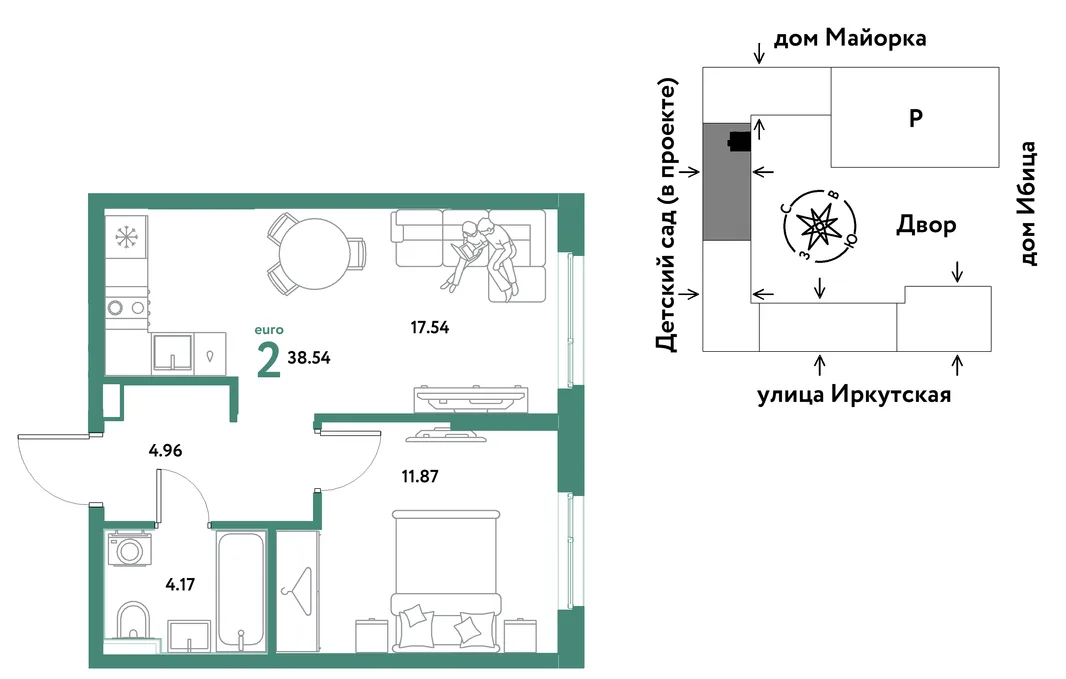 Планировка 2-комн. квартира, 38.54 м² ЖК «Остров-сад»