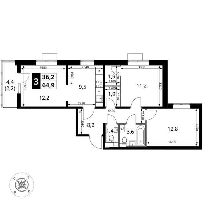 Планировка 3-комн. квартира, 64.9 м² ЖК «1-й Шереметьевский» Планировка 3-комн. квартира, 64.9 м² ЖК «1-й Шереметьевский»