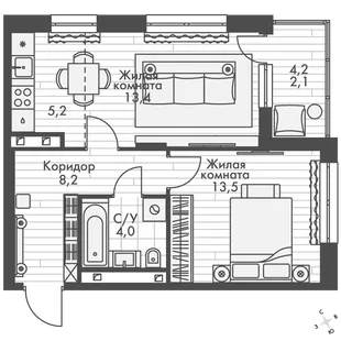 Квартира 2-комн. квартира, 46.4 м² ЖК «ФоРест» Фото 1 Квартира 2-комн. квартира, 46.4 м² ЖК «ФоРест» Фото 1