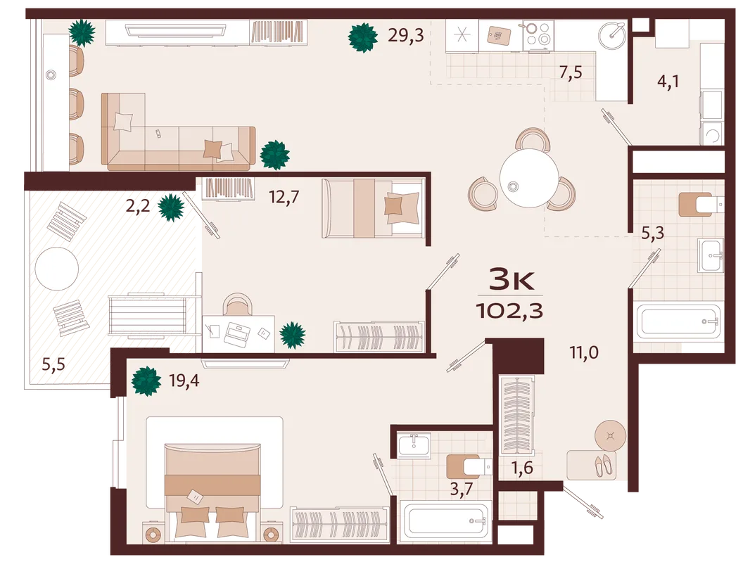 Планировка 3-комн. квартира, 102.3 м² ЖК «Роялта»