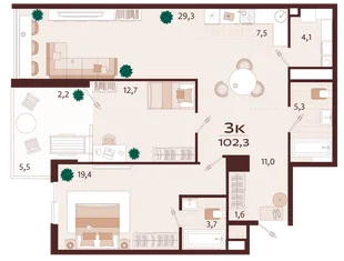 Планировка 3-комн. квартира, 102.3 м² ЖК «Роялта»