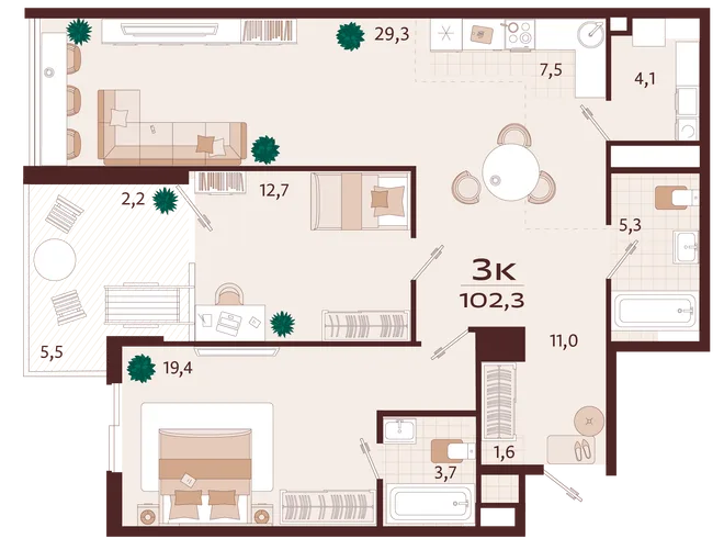 Планировка 3-комн. квартира, 102.3 м² ЖК «Роялта» Планировка 3-комн. квартира, 102.3 м² ЖК «Роялта»