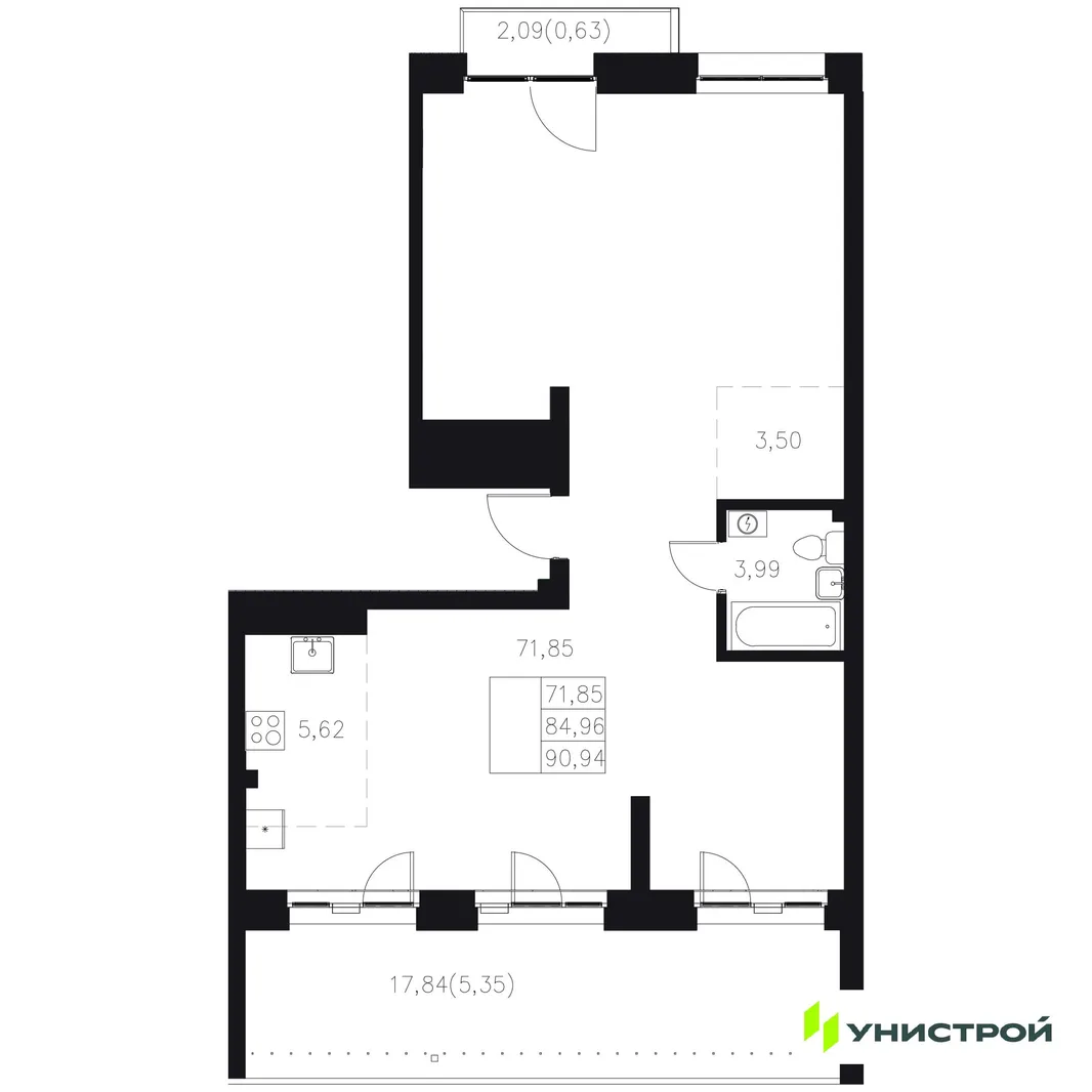 Планировка 1-комн. квартира, 90.94 м² ЖК «Statum»