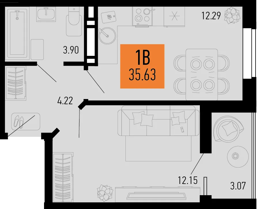 Планировка 1-комн. квартира, 35.63 м² ЖК «Столицыно»