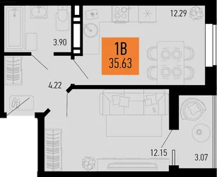Планировка 1-комн. квартира, 35.63 м² ЖК «Столицыно»