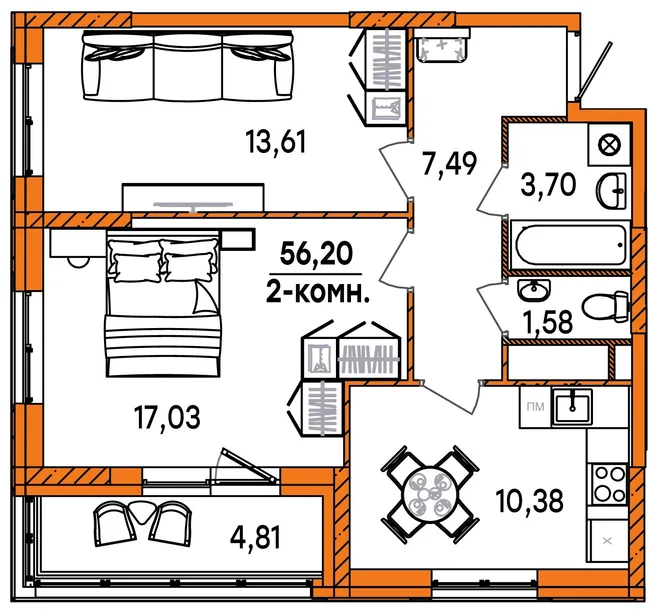 Планировка 2-комн. квартира, 56.2 м² ЖК «Юность» Планировка 2-комн. квартира, 56.2 м² ЖК «Юность»