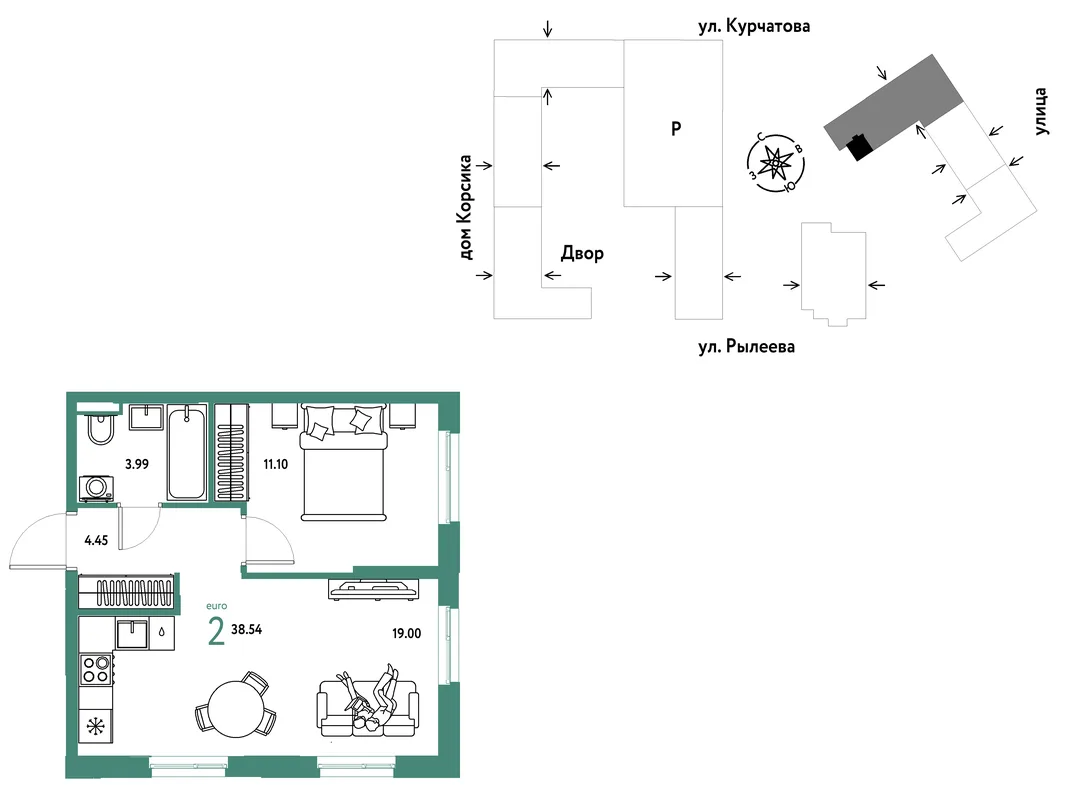 Планировка 2-комн. квартира, 38.72 м² ЖК «Остров-сад»