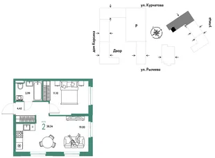 Планировка 2-комн. квартира, 38.72 м² ЖК «Остров-сад»