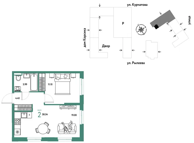 Планировка 2-комн. квартира, 38.72 м² ЖК «Остров-сад»