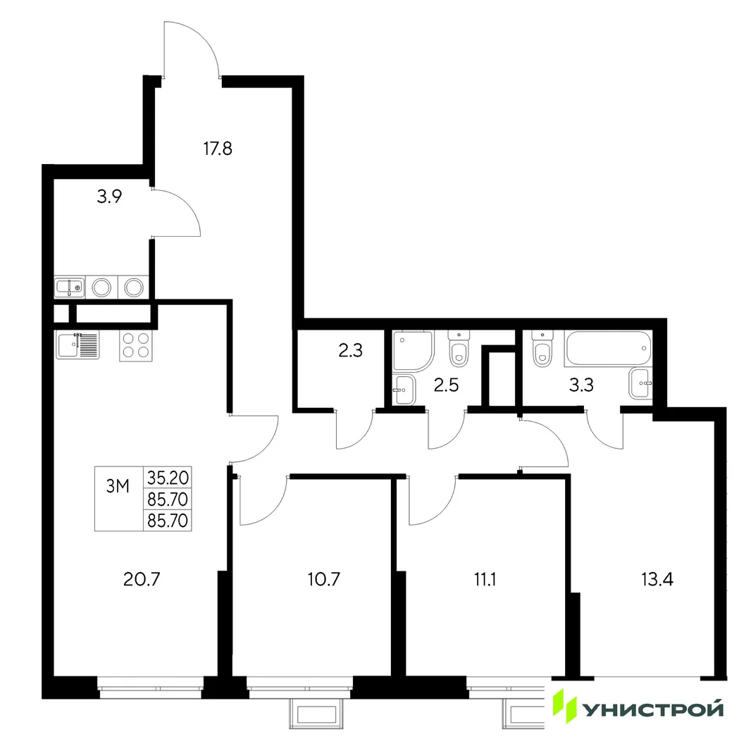 Планировка 3-комн. квартира, 85.7 м² ЖК «Стадиум»