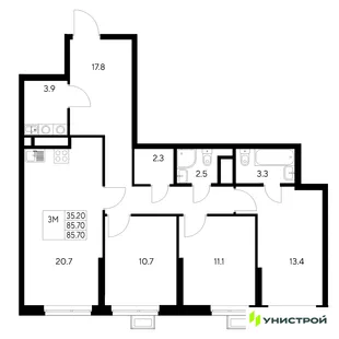 Планировка 3-комн. квартира, 85.7 м² ЖК «Стадиум»