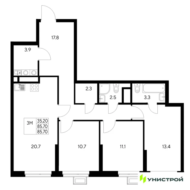 Планировка 3-комн. квартира, 85.7 м² ЖК «Стадиум» Планировка 3-комн. квартира, 85.7 м² ЖК «Стадиум»
