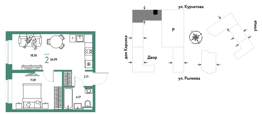 Планировка 2-комн. квартира, 36.99 м² ЖК «Остров-сад»