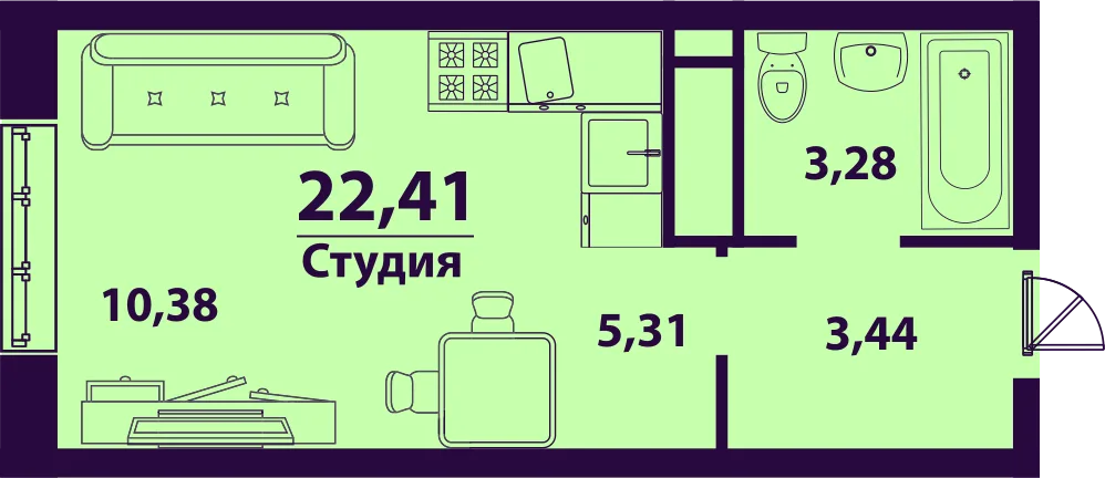 Планировка 1-комн. квартира, 22.41 м² ЖК «Сиреневый»