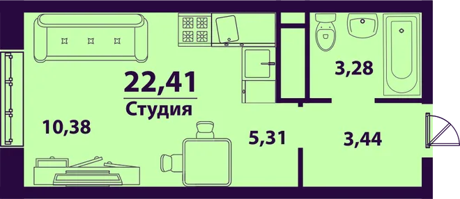 Планировка 1-комн. квартира, 22.41 м² ЖК «Сиреневый»