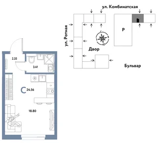 Планировка Студия, 24.41 м² ЖК «Уральский сад»