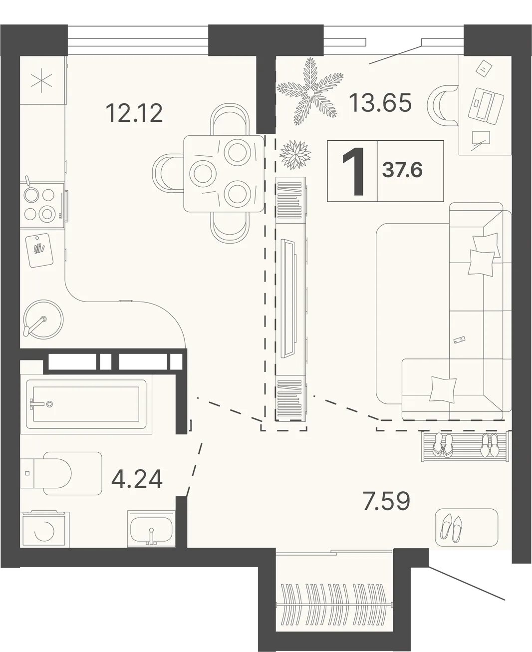 Планировка 1-комн. квартира, 37.6 м² ЖК «Светский лес»