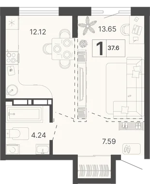 Планировка 1-комн. квартира, 37.6 м² ЖК «Светский лес»