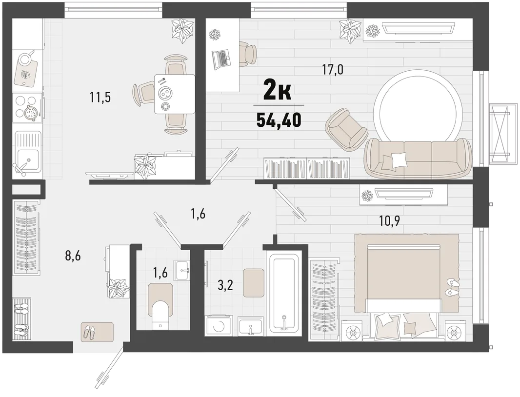 Планировка 2-комн. квартира, 54.4 м² ЖК «Барса»