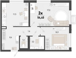 Планировка 2-комн. квартира, 54.4 м² ЖК «Барса»