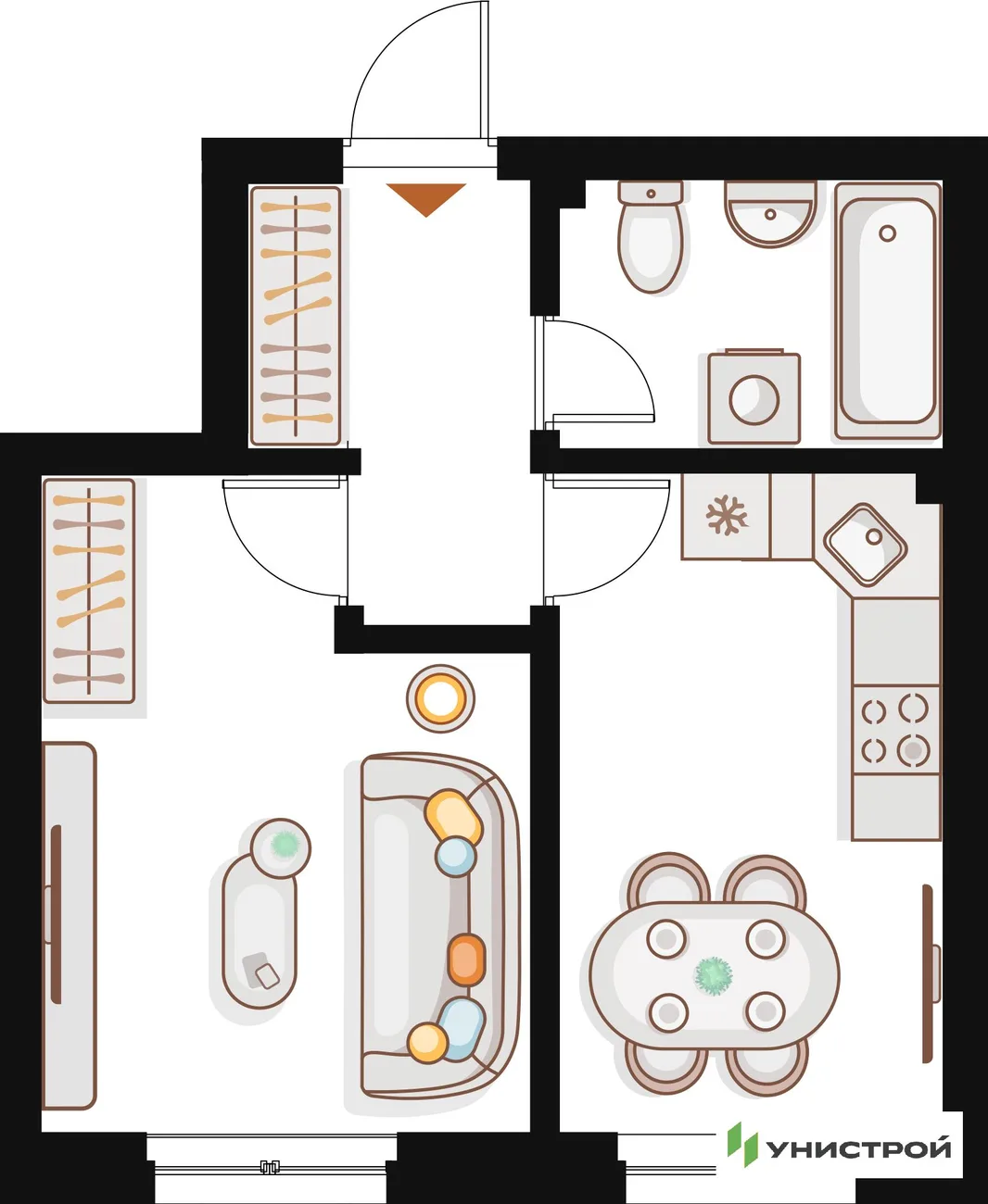 Планировка 1-комн. квартира, 33.96 м² ЖК «Жилой кластер Q на Кулагина»
