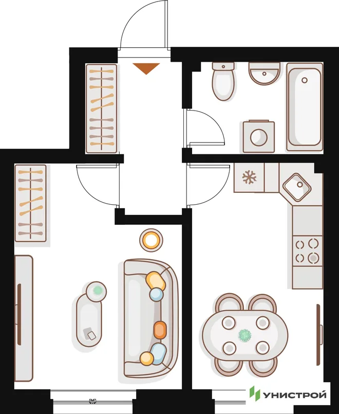 Планировка 1-комн. квартира, 33.96 м² ЖК «Жилой кластер Q на Кулагина»