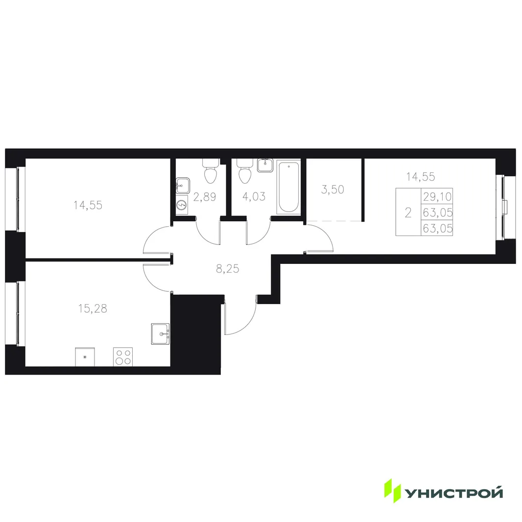 Планировка 2-комн. квартира, 63.05 м² ЖК «Statum»