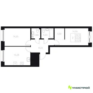 Планировка 2-комн. квартира, 63.05 м² ЖК «Statum»