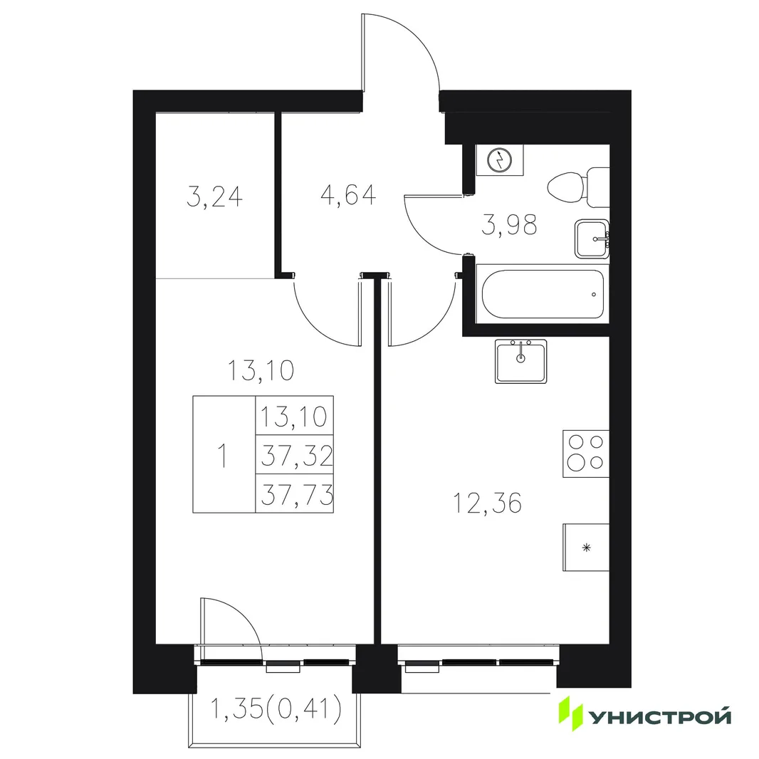 Планировка 1-комн. квартира, 37.73 м² ЖК «Statum»