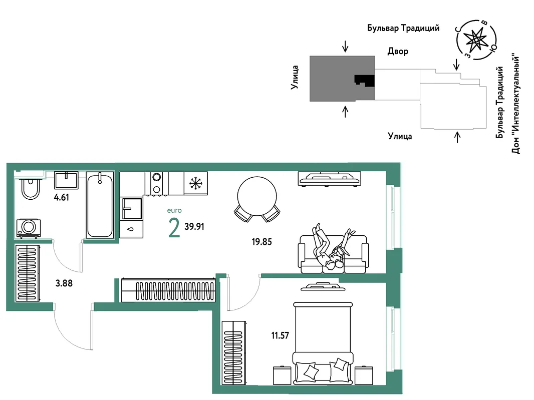 Планировка 2-комн. квартира, 39.91 м² ЖК «Микрорайон Домашний»