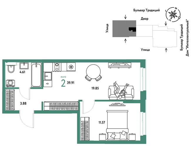 Планировка 2-комн. квартира, 39.91 м² ЖК «Микрорайон Домашний» Планировка 2-комн. квартира, 39.91 м² ЖК «Микрорайон Домашний»