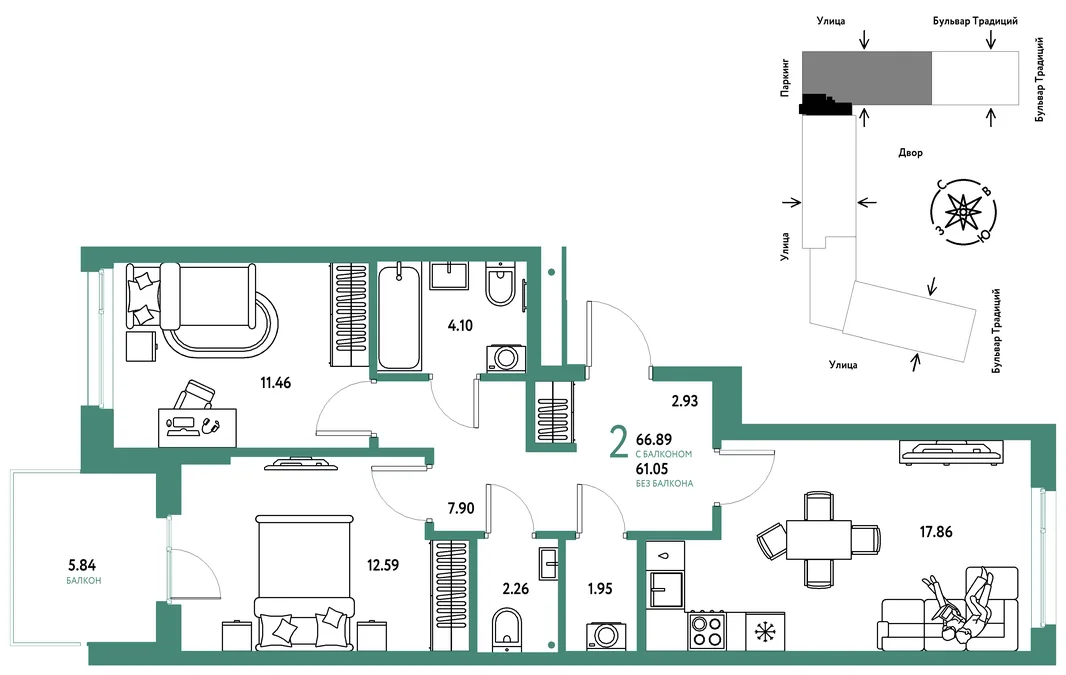 Планировка 2-комн. квартира, 66.89 м² ЖК «Микрорайон Домашний»