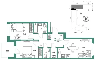 Планировка 2-комн. квартира, 66.89 м² ЖК «Микрорайон Домашний»