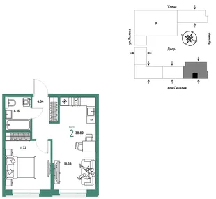 Планировка 2-комн. квартира, 38.8 м² ЖК «Остров-сад»