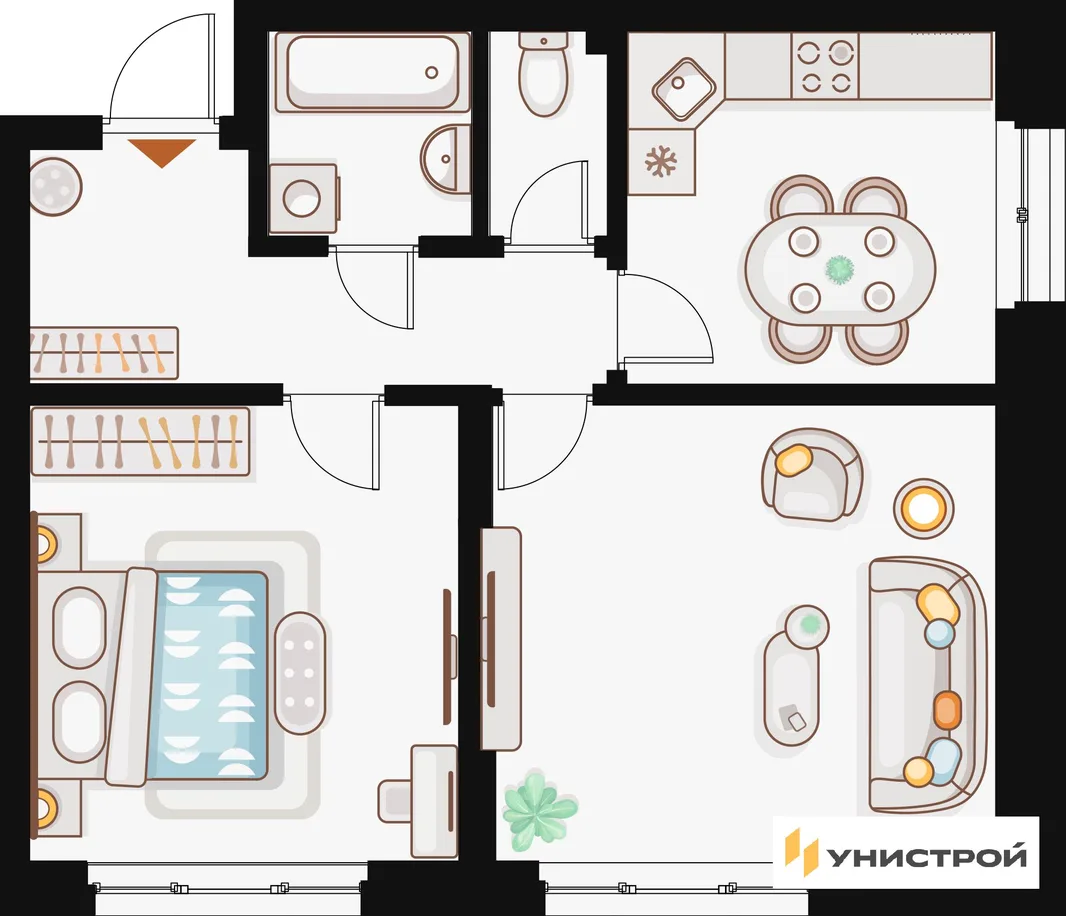 Планировка 2-комн. квартира, 56.1 м² ЖК «Жилой кластер Q на Кулагина»