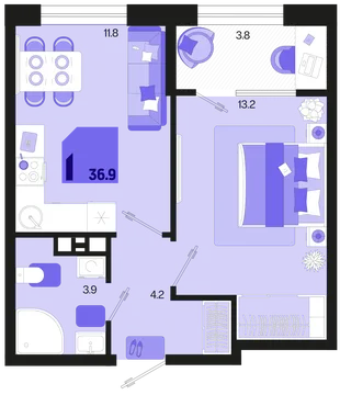 Планировка 1-комн. квартира, 36.9 м² ЖК «Первое место»