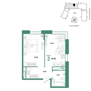 Планировка 2-комн. квартира, 40.82 м² ЖК «Микрорайон Домашний»