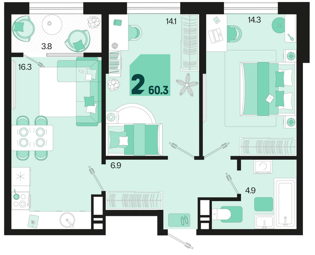Планировка 2-комн. квартира, 60.3 м² ЖК «Первое место»