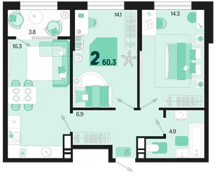 Планировка 2-комн. квартира, 60.3 м² ЖК «Первое место»