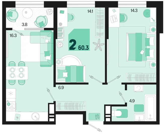 Планировка 2-комн. квартира, 60.3 м² ЖК «Первое место» Планировка 2-комн. квартира, 60.3 м² ЖК «Первое место»