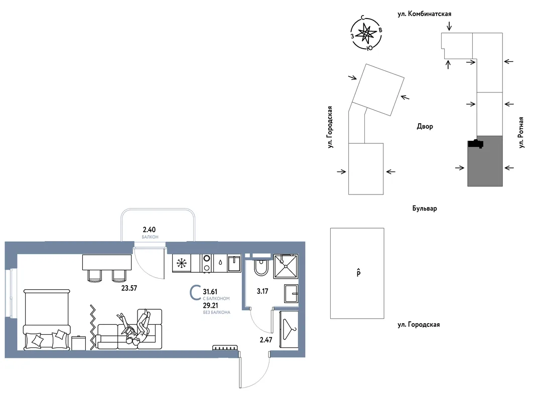 Планировка Студия, 31.61 м² ЖК «Уральский сад»